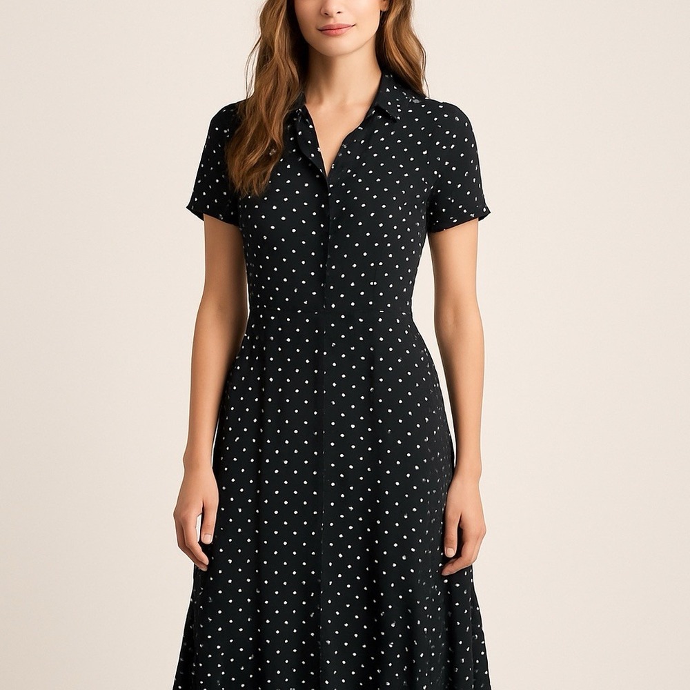 Sezane Black Midi Dress with White Polka Dots